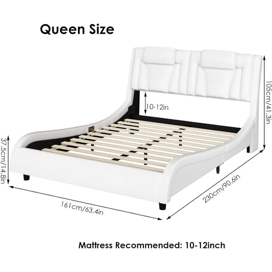 Keyluv Upholstered Platform Bed Frame with Adjustable LED Headboard, Pu Leather, Wave-Like Curve Design and Solid Wooden Slats S