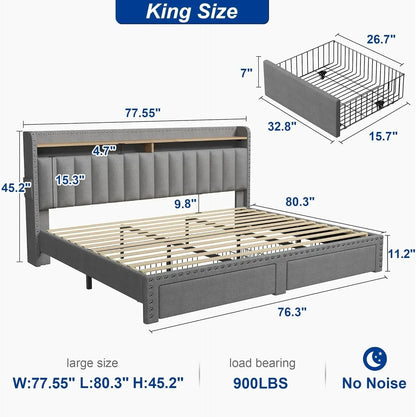 King Size Bed Frame, Upholstered King Bed Frame with 2 Storage Drawers and 2-Tier Headboard, Vertical Tufted Headboard Design