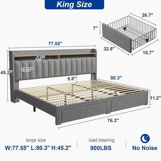 King Size Bed Frame, Upholstered King Bed Frame with 2 Storage Drawers and 2-Tier Headboard, Vertical Tufted Headboard Design