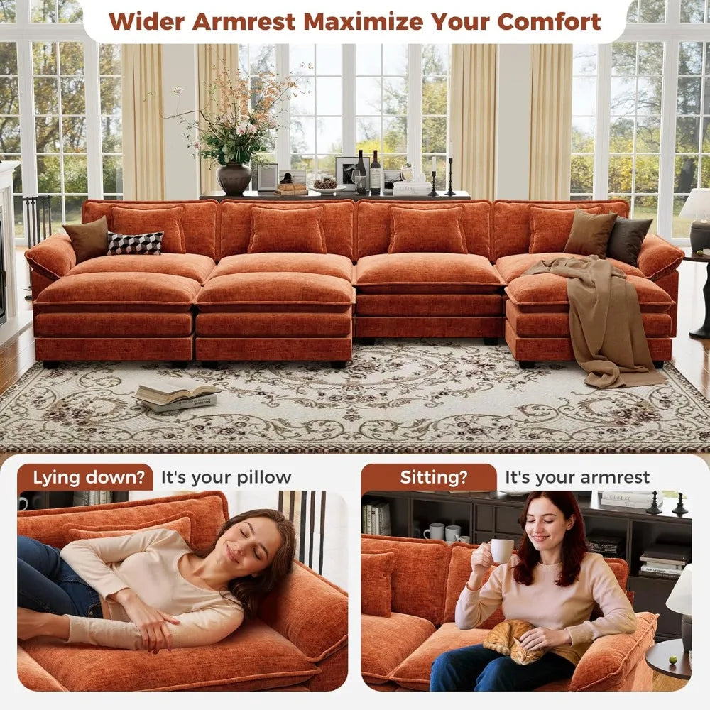 154" Oversized Modular Sectional Sofa, Comfy U-Shaped Cloud Couch w/ 3 Movable Ottomans, 7-Seater Chenille Deep, Customized