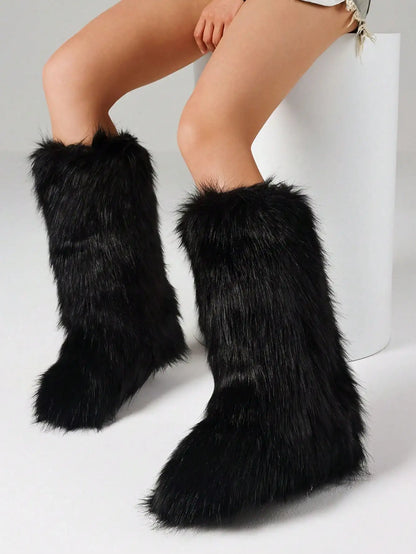 Furry Fluffy Women Snow Boots Warmplush Knee High Flats Luxury Fashion Punk Goth Cosplay Women Winter Shoes