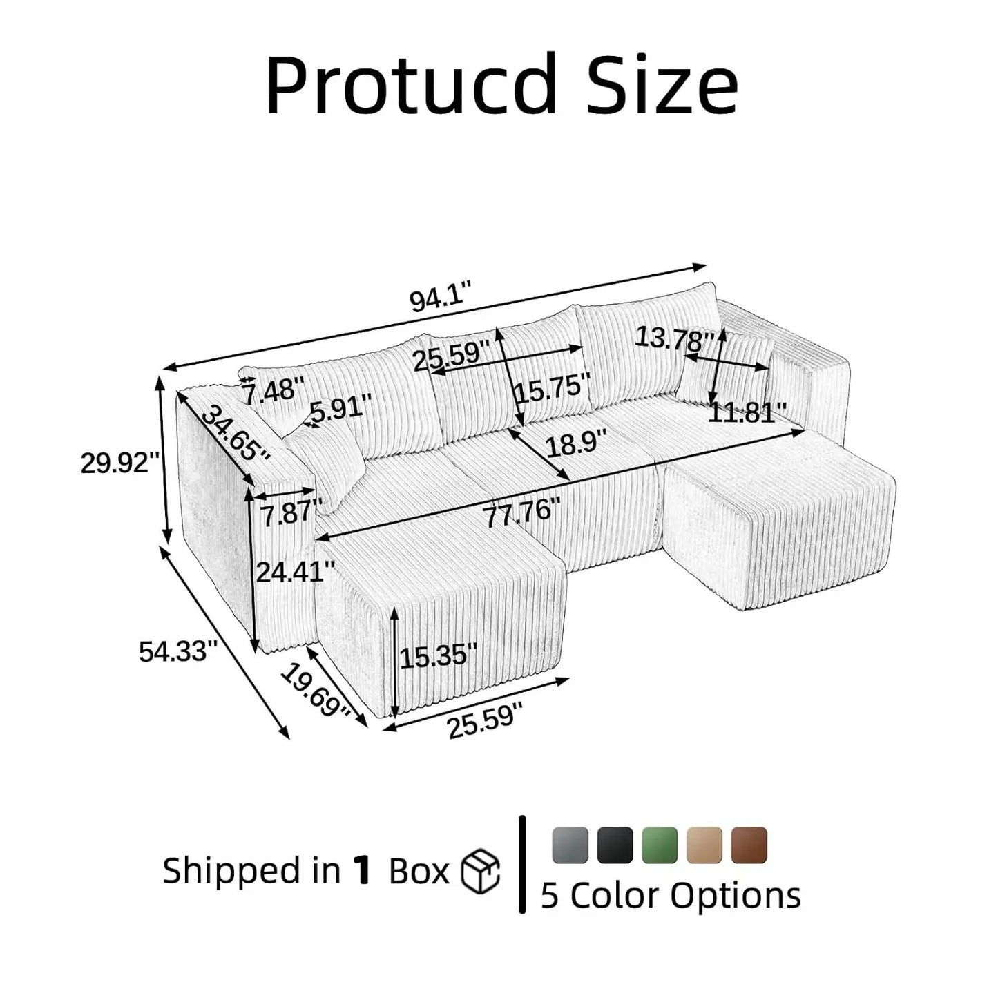 94" Modular Sectional Sofa, Comfy U-Shaped Boneless Couch, Sectional Couches for Living Room, High-Density Foam, Customized