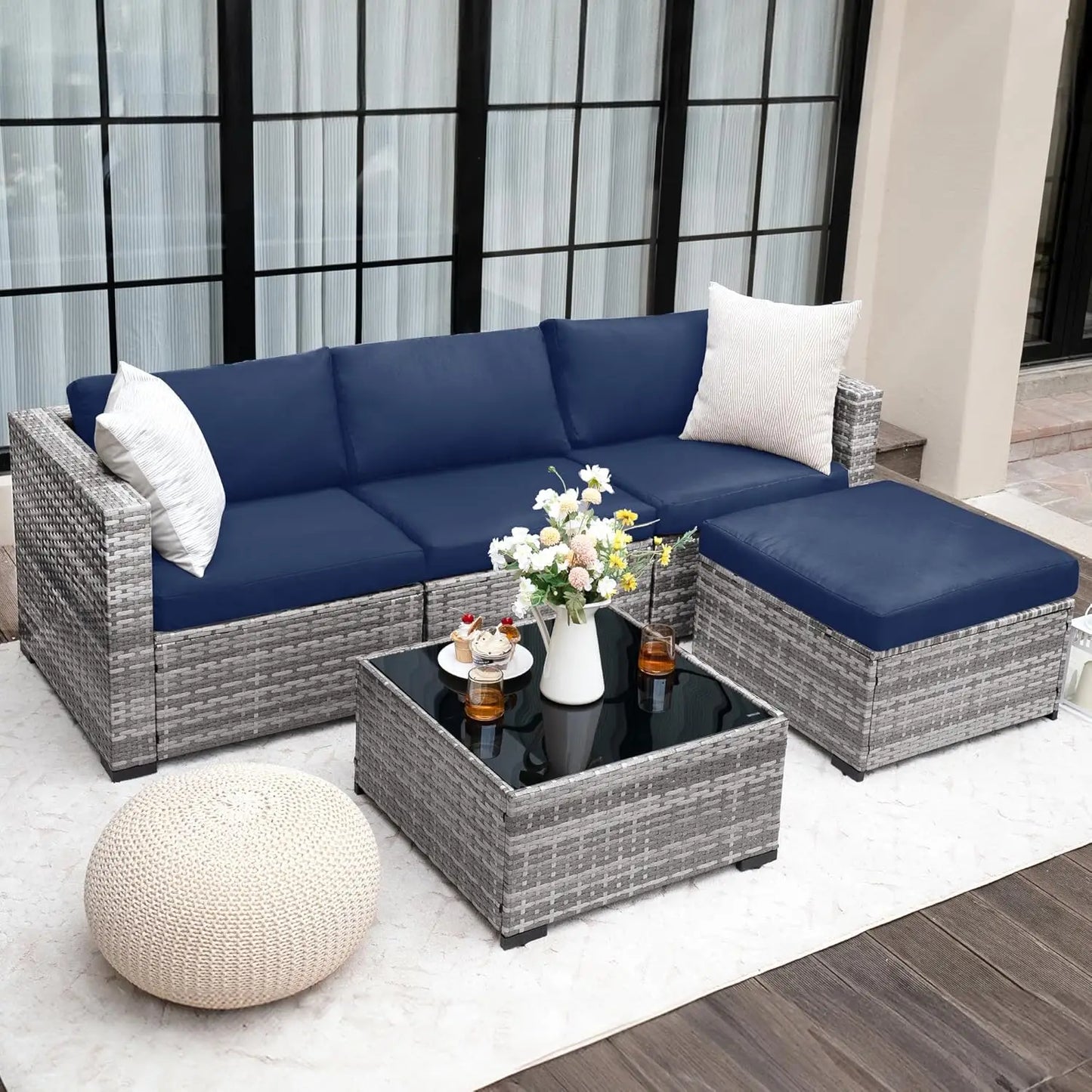 5 Piece Patio Furniture Set, All-Weather Wicker Outdoor Sectional Sofa, L Shaped Outdoor Conversation Couch with, Customized