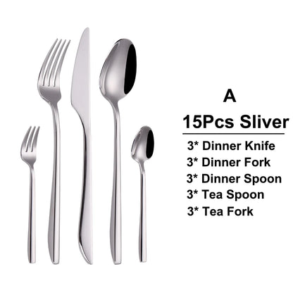 6/12/15/18/21 Pieces Sliver Cutlery Set Stainless Steel 304 Tableware Western Dinner Set Mirror Elegant Knife Fork Spoon
