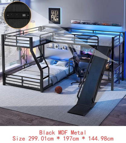 L-Shaped Twin over Full Bunk Bed with Loft, Metal Triple Bunk Bed with Slide, USB Ports, Space-saving, Noise-free Design, Black