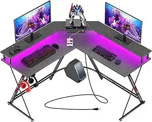 SEVEN WARRIOR L Shaped Gaming Desk with LED Lights & Power Outlets, 50.4” Computer Desk with Monitor Stand, Corner Desk with Car