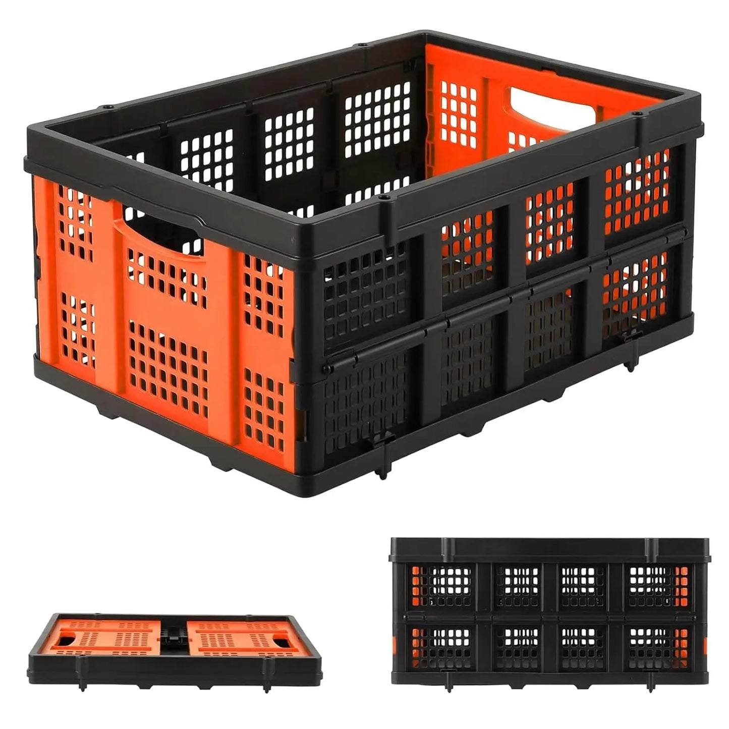 55L Heavy-Duty Collapsible Plastic Crate Foldable Storage Basket with Side Handles, Stackable Design for Food Drinks Books Tools