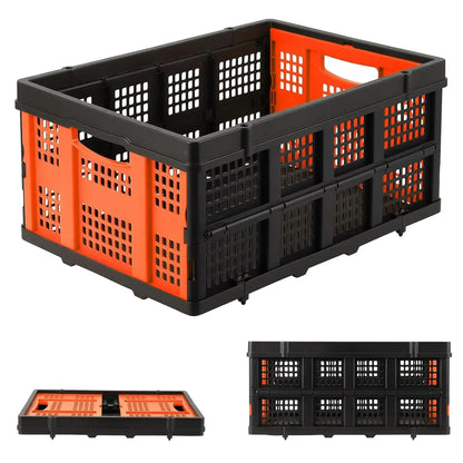 55L Heavy-Duty Collapsible Plastic Crate Foldable Storage Basket with Side Handles, Stackable Design for Food Drinks Books Tools