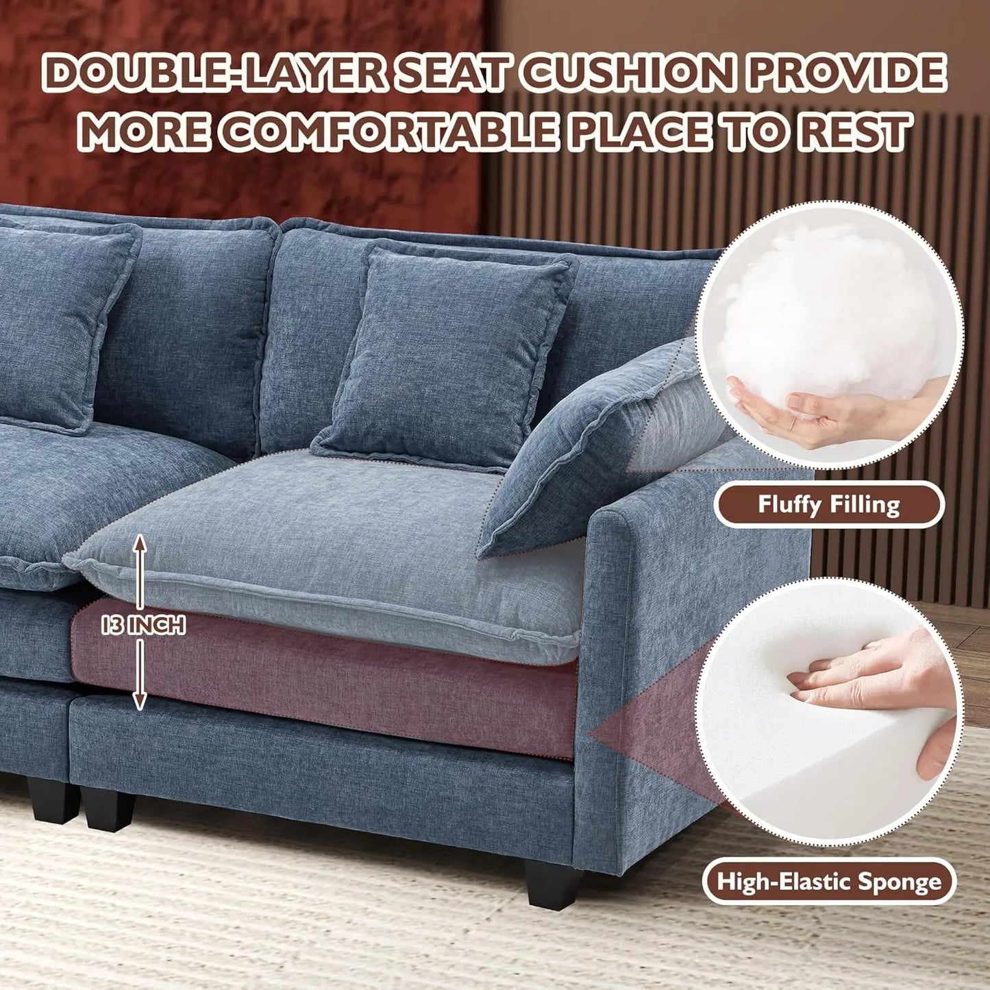 146" U-Shaped Modern Sofa Modular Sectional Cloud Couch with 2 Ottoman, 6-Seat Chenille Deep Seat Sofa with 6, Customized