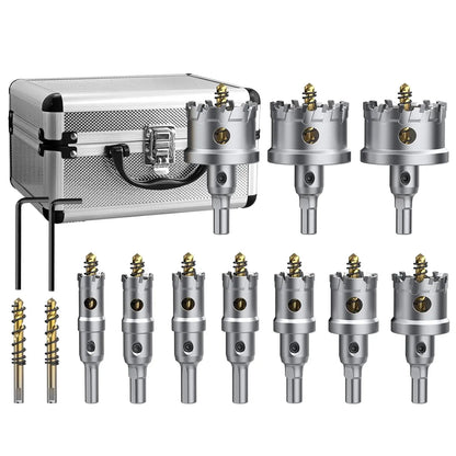 10Pcs TCT Hole Saw Set 16-53mm, Carbide for Metal/Plastic/Iron, w/Drill & Wrench