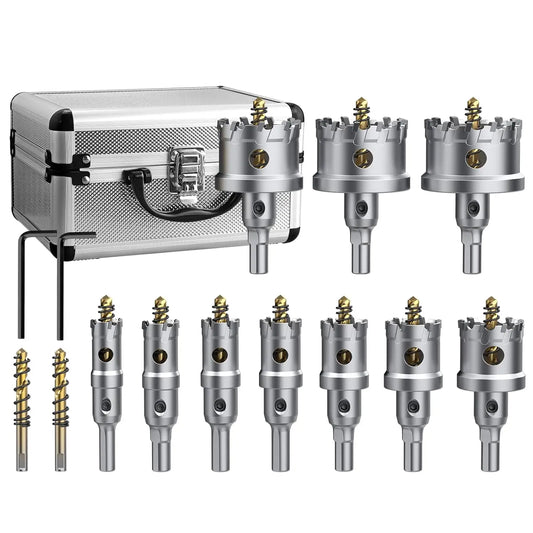 10Pcs TCT Hole Saw Set 16-53mm, Carbide for Metal/Plastic/Iron, w/Drill & Wrench