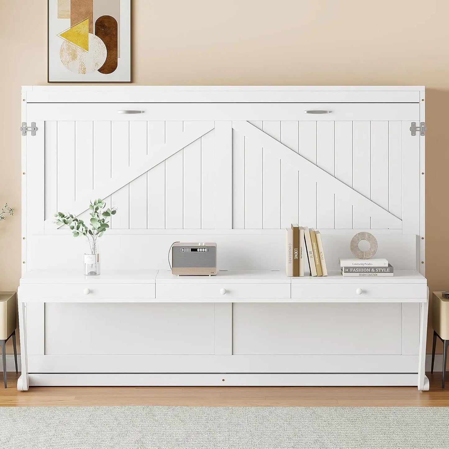 Queen Size Murphy Bed, Solid Pine Queen Murphy Bed Frame Chest Cube Cabinet with Charging Station and Large Storage Drawer for H