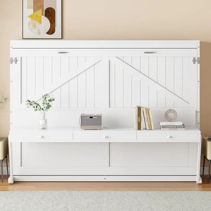 Queen Size Murphy Bed, Solid Pine Queen Murphy Bed Frame Chest Cube Cabinet with Charging Station and Large Storage Drawer for H