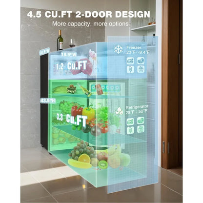 Double Door Refrigerator with Freezer, 4.5 Cu.Ft, Small Fridge with Freezer, 7 Settings Temperature Adjustable,Mini Refrigerator