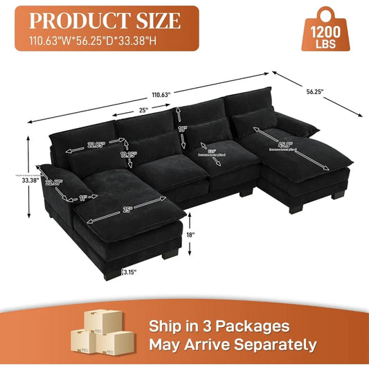 U Shape Cloud Couch Sectional Sofa, 110" Modern Chenille Comfy Modular Sofa with Memory Foam & Double Chaise, Jet Black