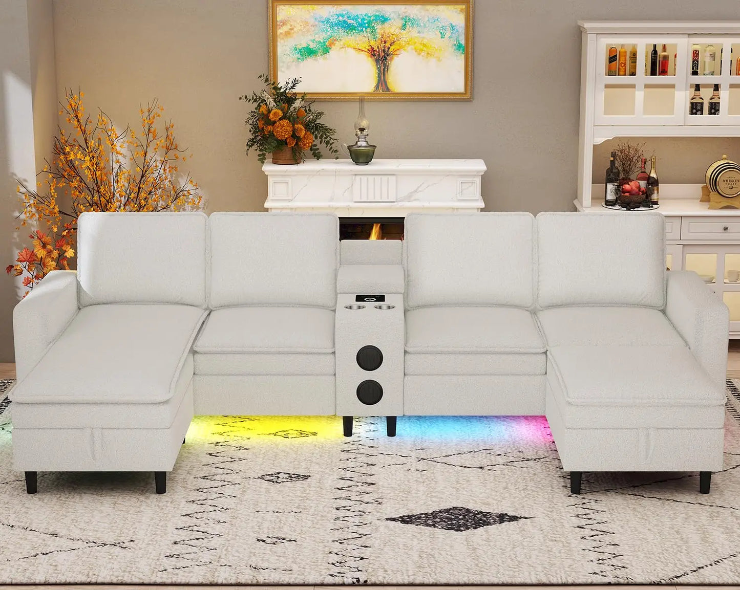Sectional Couches for Living Room, 6 Seat Sectional Sofa with Bluetooth Speaker/RGB Light/Charging Station, Teddy, Customized