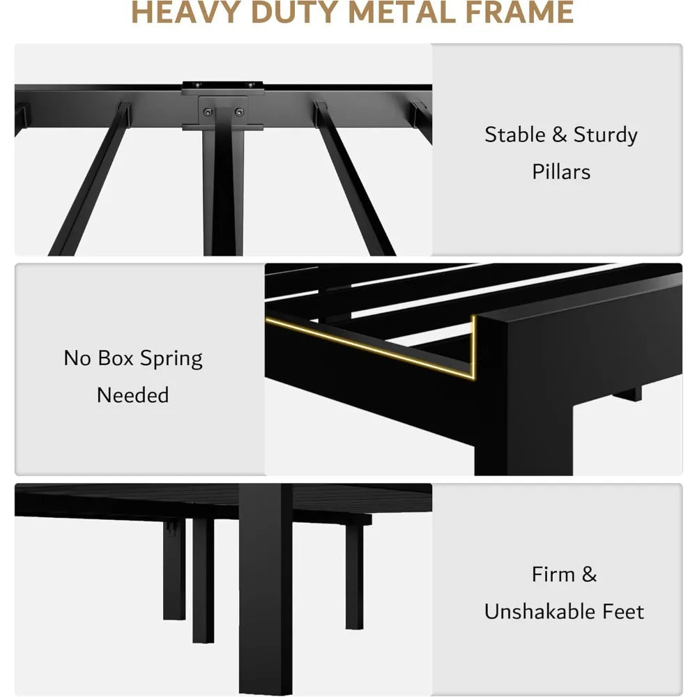 Twin Metal Bed Frame, Linen Platform Bed with Button Tufted Headboard, Heavy Duty Slats Support, 12" Under Bed Storage,