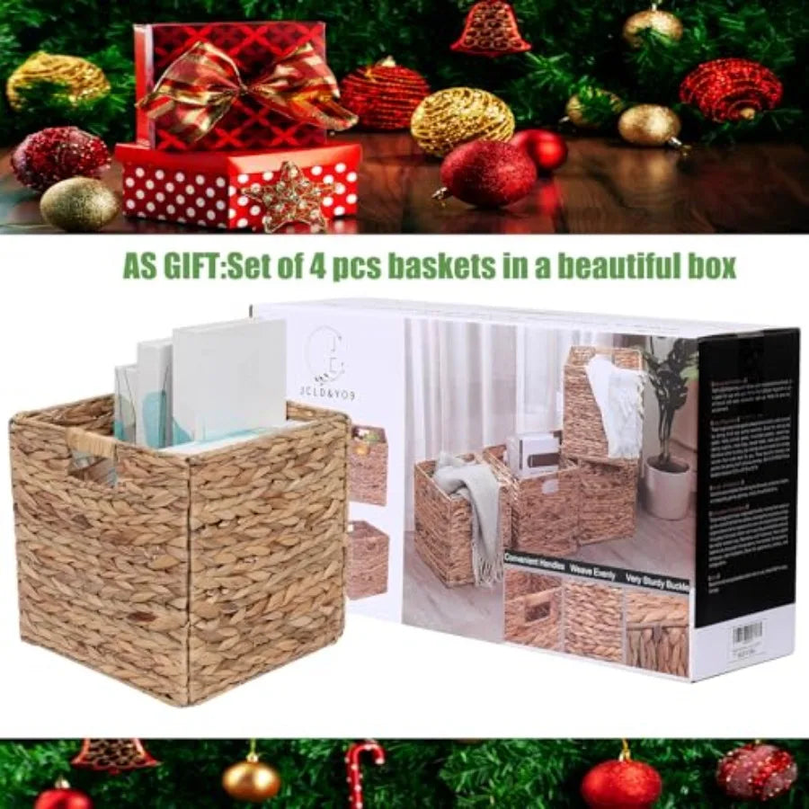 12x12in Storage Baskets Set of 4 Water Hyacinth Baskets Foldable Handwoven Storage Cubes Wicker Cube Baskets Laundry Organizer