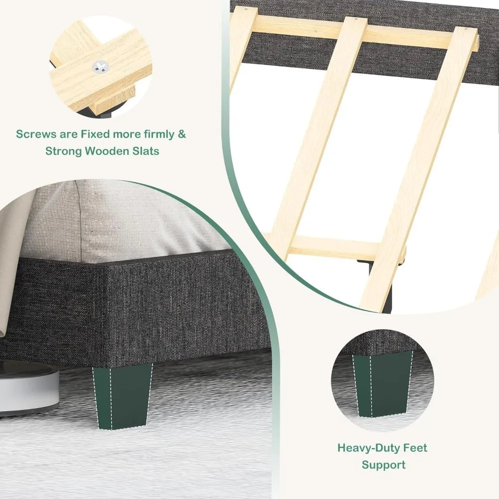 Queen Bed Frame with Headboard, Linen Upholstered Platform Bed Frame with Wood Slats Support, Adjustable Headboard