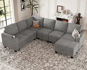 Chenille Modular Sectional Sofa Convertible L Shaped Corner Couches for Living Room with Storage Armrest with Cup Holder Dark G