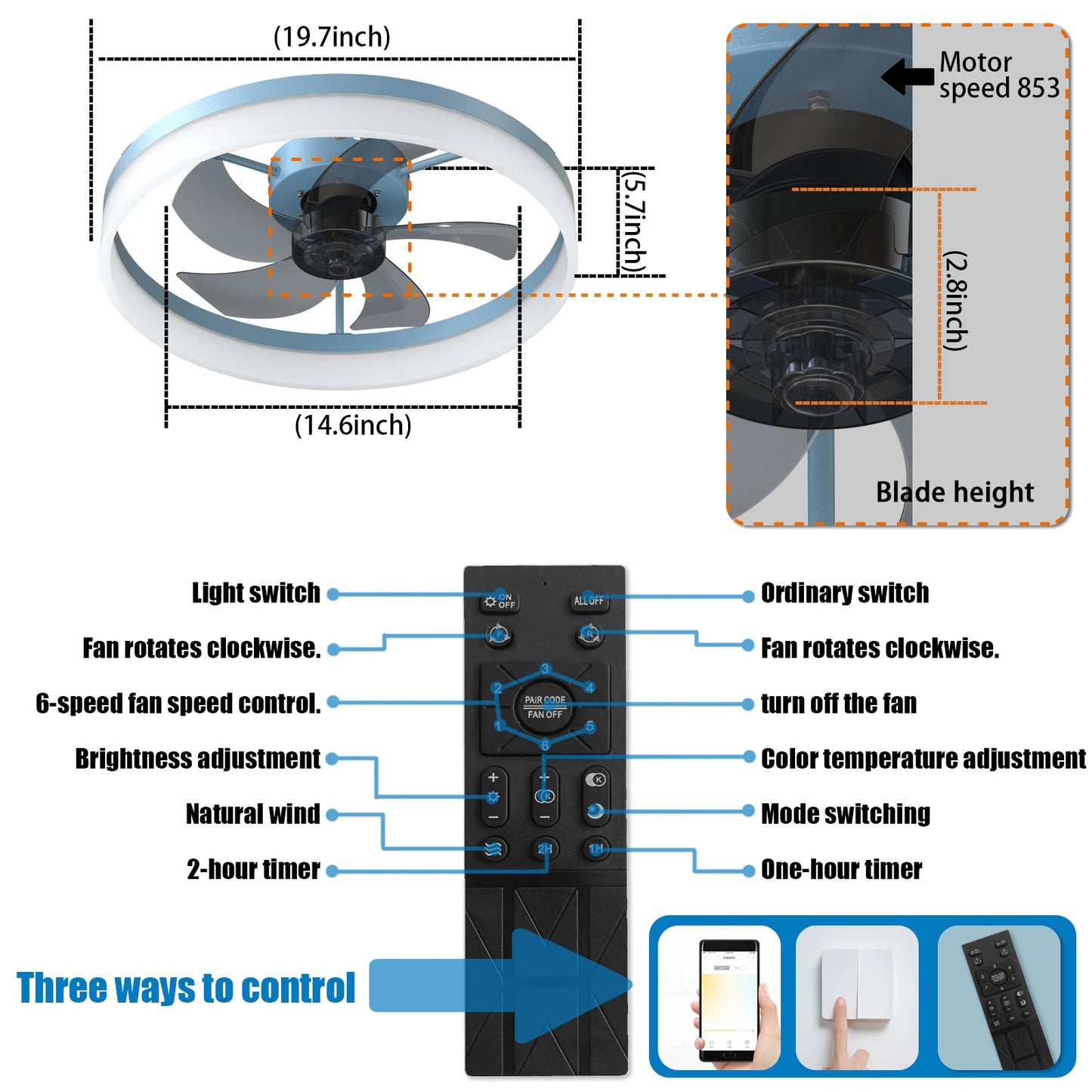 Blue Modern Ceiling Fan with LED Light, Low-Profile Flush Mount,6-Speed Adjustable, Ideal for Bedroom and Living Room