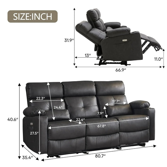 Power Reclining Sofa with Heat and Massage, Electric Reclining Couch with Extended Footrest, Wall Hugger Recliner, Customized