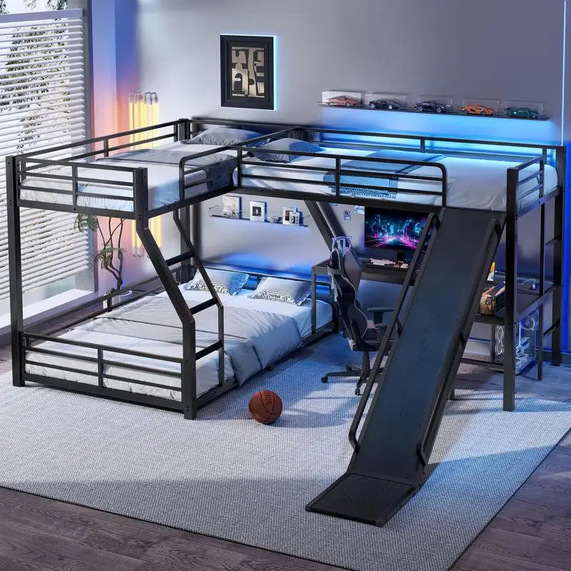 L-Shaped Twin over Full Bunk Bed with Loft, Metal Triple Bunk Bed with Slide, USB Ports, Space-saving, Noise-free Design, Black
