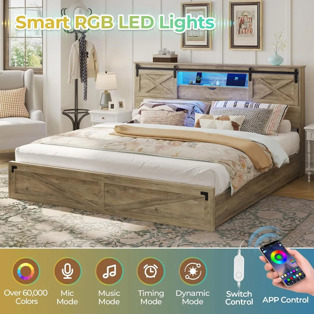 California King Bed Frame with Storage Headboard, LED Lights, Charging Station & Drawers - Rustic Farmhouse Design