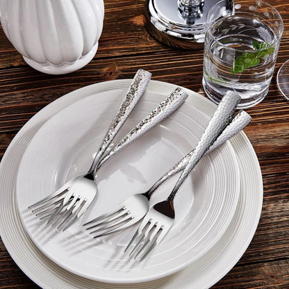 Hammered 18/10 Stainless Steel Silverware Set with Squared Edge, 20/45/65 Pieces, Serving 4 to 12 Guests, Elegant Dining