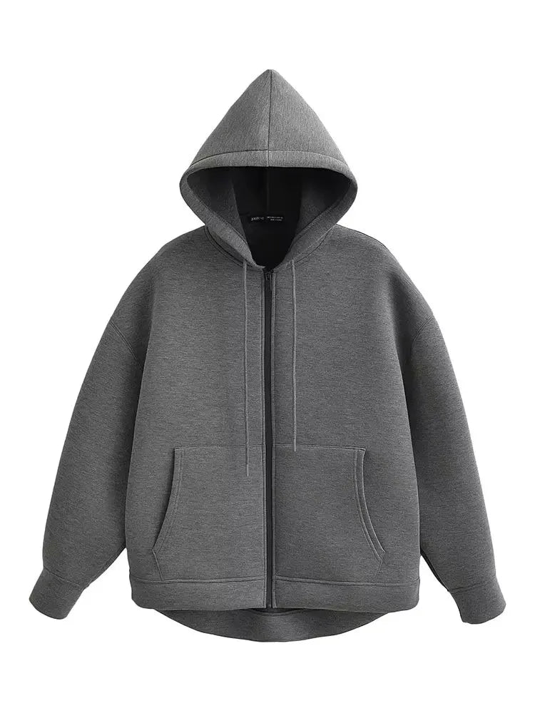 Autumn Women Gray Jacket With Hood Long Sleeve Big Pocket Zipper Jacket Coat Woman Loose Casual Outerwear Coat Tops
