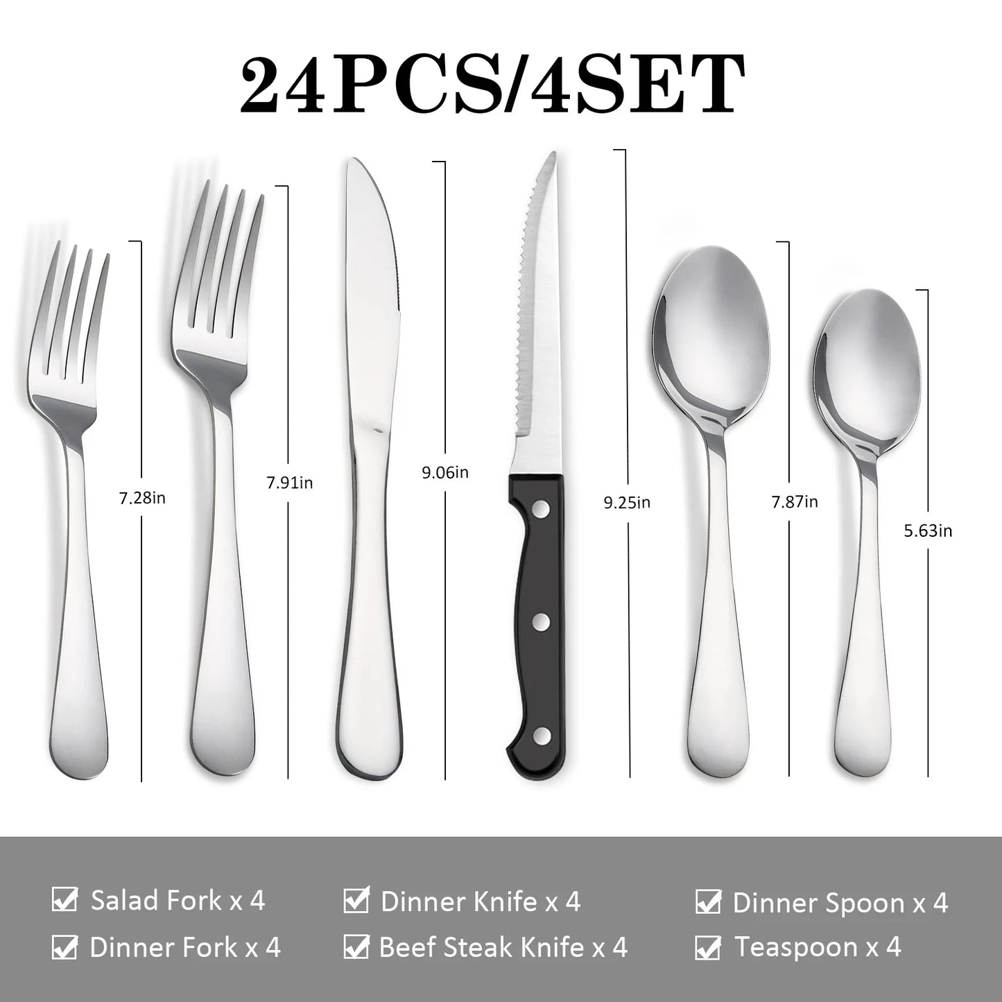 24 pcs flatwar‌ Stainless Steel Tableware Set 24 Pieces 4 Person Cutlery Set with Steak Knives Dinner Fork Spoon  for Home Part