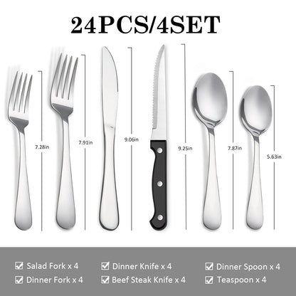 24 pcs flatwar‌ Stainless Steel Tableware Set 24 Pieces 4 Person Cutlery Set with Steak Knives Dinner Fork Spoon  for Home Part