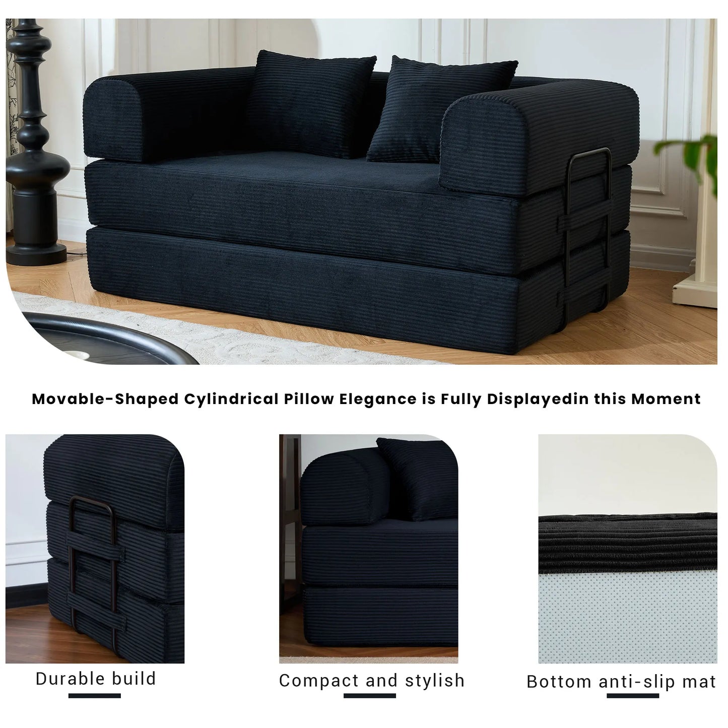 59’’ Convertible Sofa Bed Corduroy Upholstered Boneless Couch, Loveseat Fold Out Small Floor Sleeper for Living Room