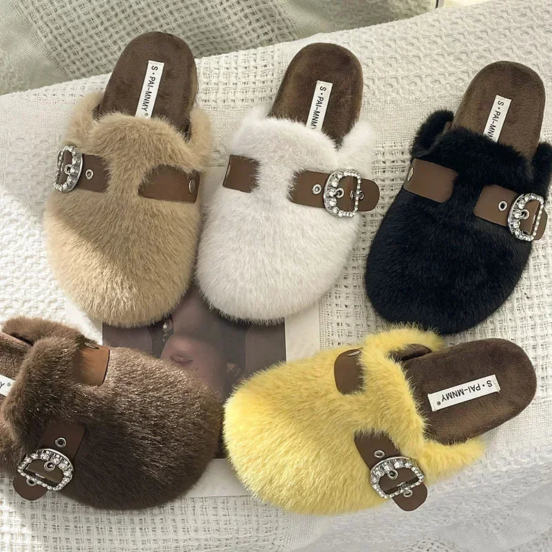 Winter Warm Plush Slippers for Women Closed Toe Faux Fur Cotton Shoes Woman Fashion Buckle Lightweight Flat Mules Shoes 2025