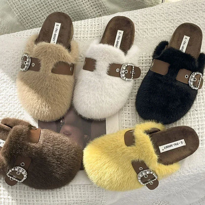 Winter Warm Plush Slippers for Women Closed Toe Faux Fur Cotton Shoes Woman Fashion Buckle Lightweight Flat Mules Shoes 2025