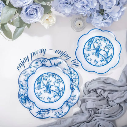 LIYH 60 Pcs Blue Plastic Plates Set Heavy Duty Floral and White Plastic Plates for Party Wedding Elegant Plate Bridal Shower Fl