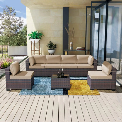 7 Pieces Outdoor Patio Furniture Set,Sectional Rattan Sofa Set Brown PE Rattan Wicker Patio Conversation Set with, Customized