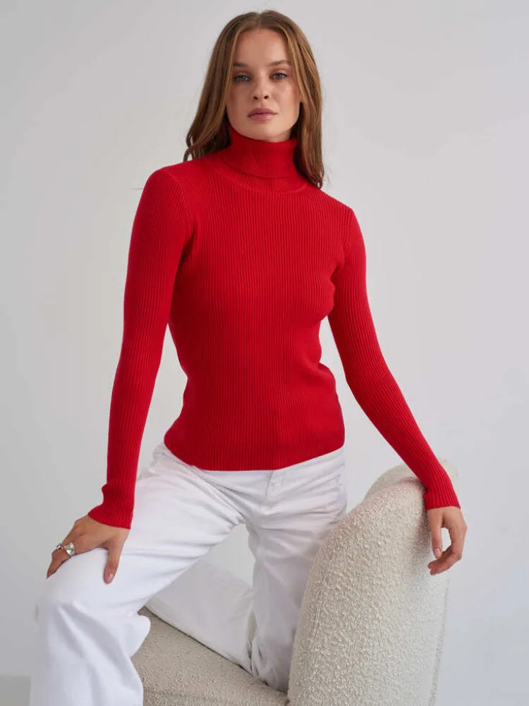 2025 Autumn Winter Turtleneck Sweaters Slim Versatile Tops Women Soft Warm Pullover Ribbed Knitted Simple Elegant Women Sweater