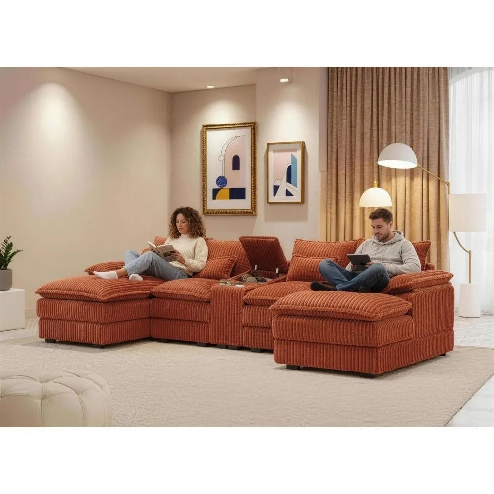 125" U-Shaped Sectional Sofa, Corduroy Cloud Couch with Storage & USB, 6-Seat Modular Sofa Set for Living Room, Orange