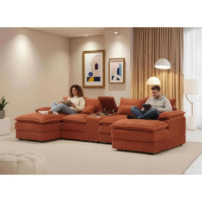 125" U-Shaped Sectional Sofa, Corduroy Cloud Couch with Storage & USB, 6-Seat Modular Sofa Set for Living Room, Orange