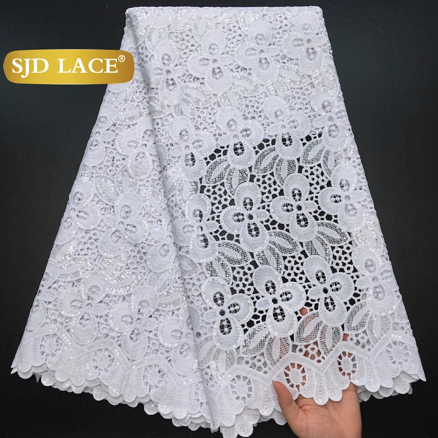 SJD LACE African Sequins Guipure Cord Lace Fabrics 5 Yards White 2025 New Nigerian Water Soluble Lace For Women Dresses Sew 4197