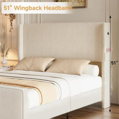 King Size Upholstered Bed Frame with USB Charging Ports - Tall Wingback Headboard & Footboard, Easy Assembly Design