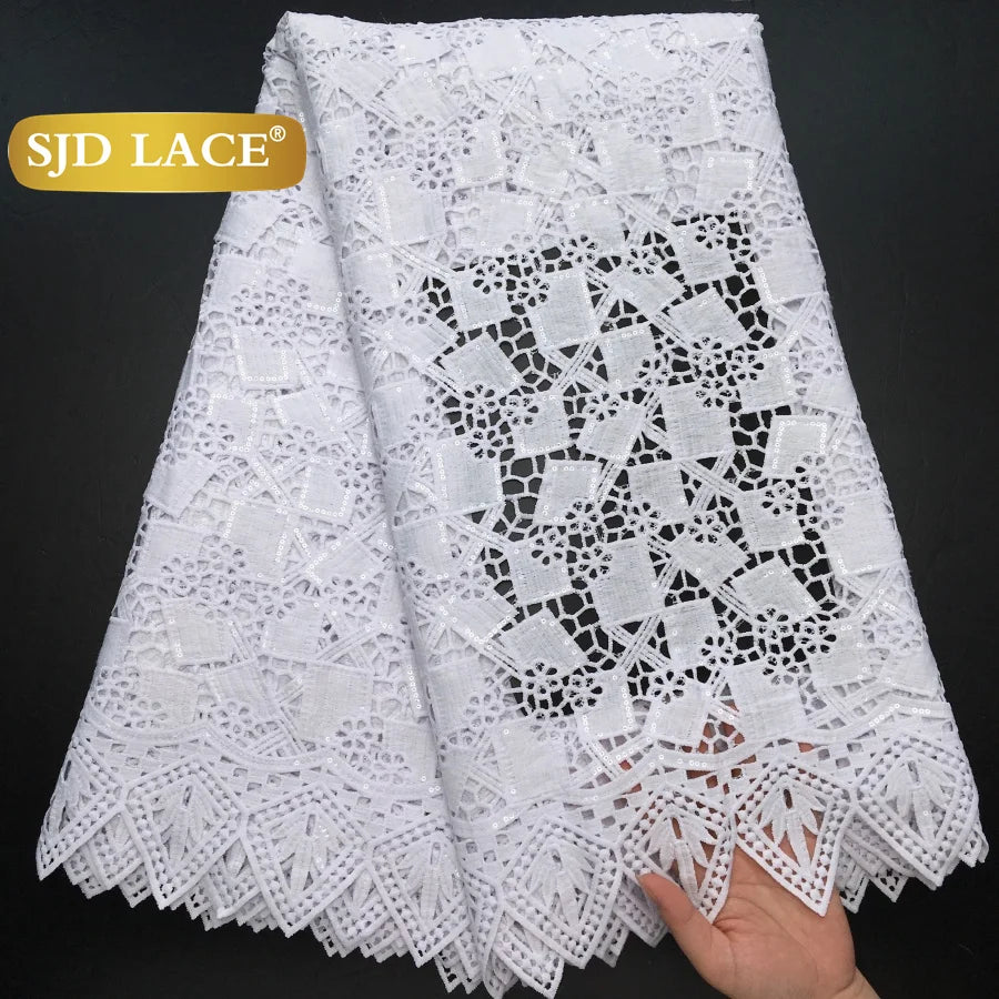 SJD LACE African Sequins Guipure Cord Lace Fabrics 5 Yards White 2025 New Nigerian Water Soluble Lace For Women Dresses Sew 4197