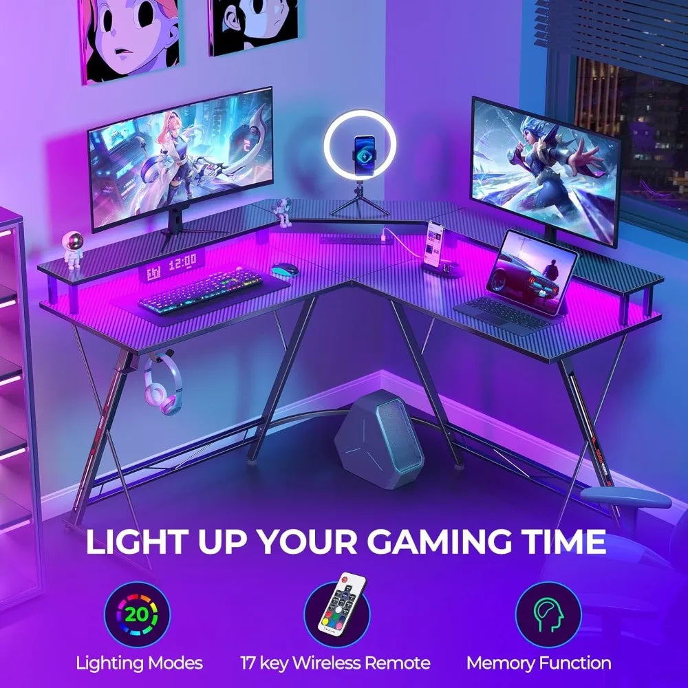 SEVEN WARRIOR L Shaped Gaming Desk with LED Lights & Power Outlets, 50.4” Computer Desk with Monitor Stand, Corner Desk with Car