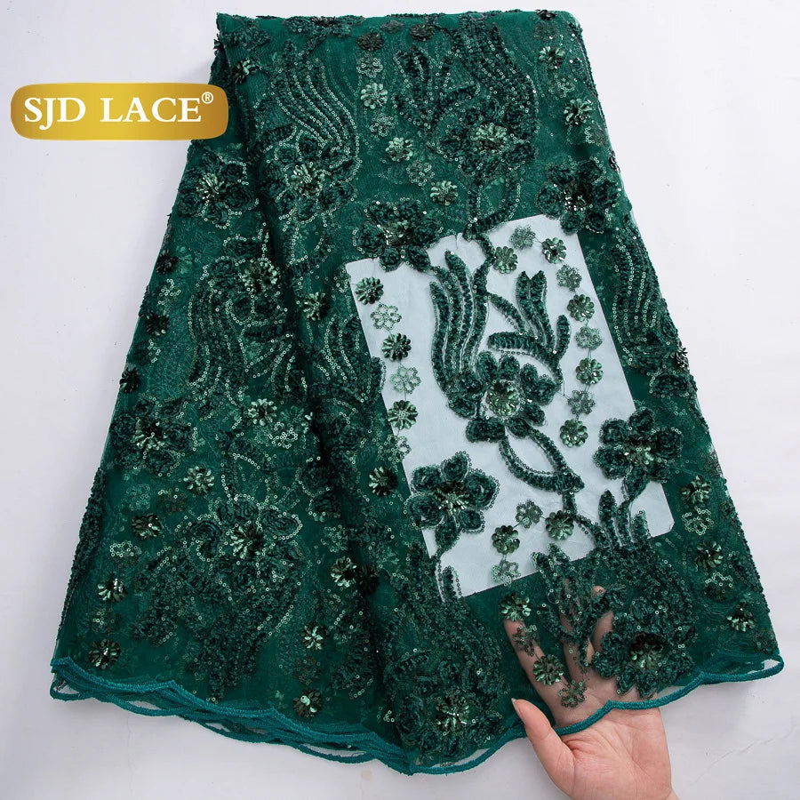 SJD LACE French Mesh Lace Fabric with Beads 2025 High Quality Nigerian African Net Tulle Lace for Sewing Women Wedding Dress4319