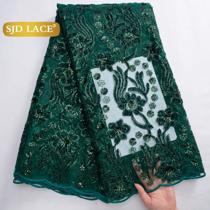SJD LACE French Mesh Lace Fabric with Beads 2025 High Quality Nigerian African Net Tulle Lace for Sewing Women Wedding Dress4319