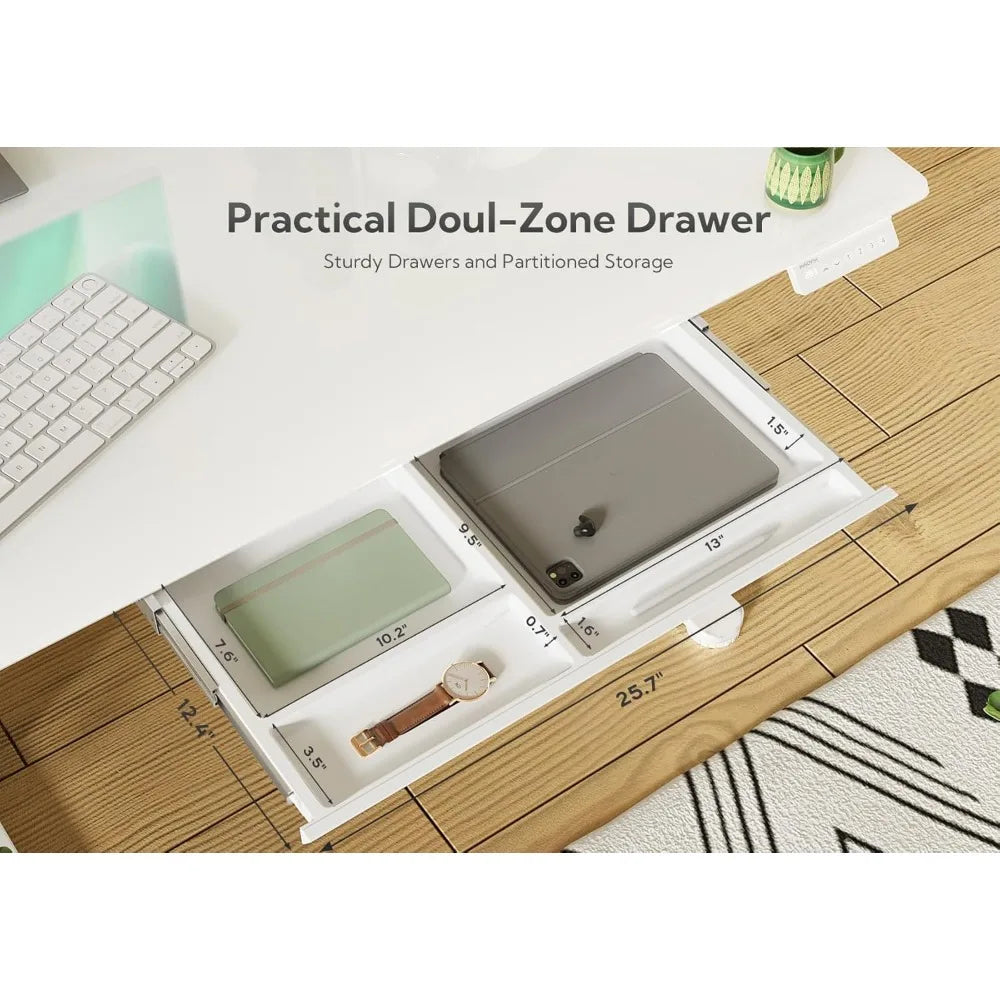 Glass Standing Desk with Drawers, 55×24 Inch Adjustable Stand Up Desk Quick Install Home Office Computer Desk, White