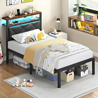 Twin Bed Frame with LED Headboard, USB Charging, Storage Shelves & Underbed Space, Dark Gray
