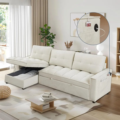 78.75" Sleeper Sofa Couch,Modern L-Shaped Couches, Pull Out Couch with USB Ports&Side Pocket,Sleeper Sectional Sofa for Living