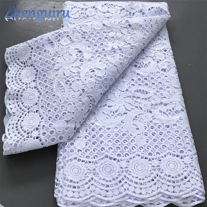Pure White Nigerian Guipure Lace Fabric 2025 High Quality Water Soluble African Sequin Cord Lace Fabric for Party Dress Sew 4025